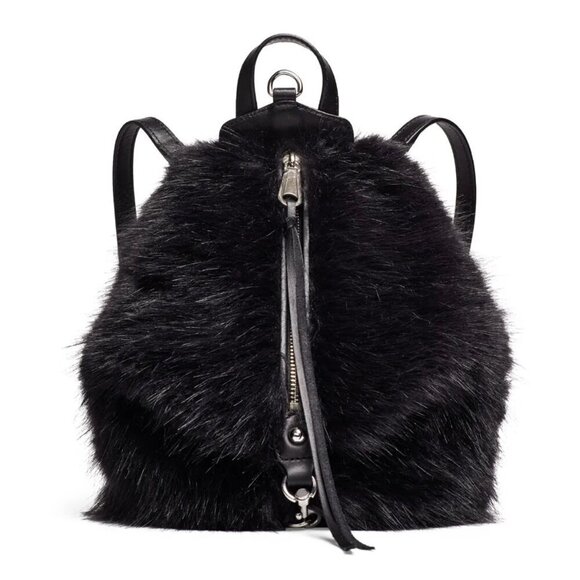 Rebecca Minkoff Mini Backpack Bag Purse Black Faux Fur Convertible Straps - Picture 1 of 11